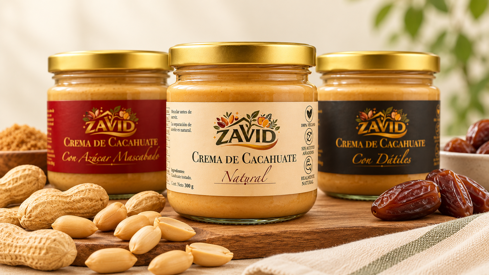 Tres frascos de crema de cacahuate Zavid: Natural, Mascabado y Dátiles